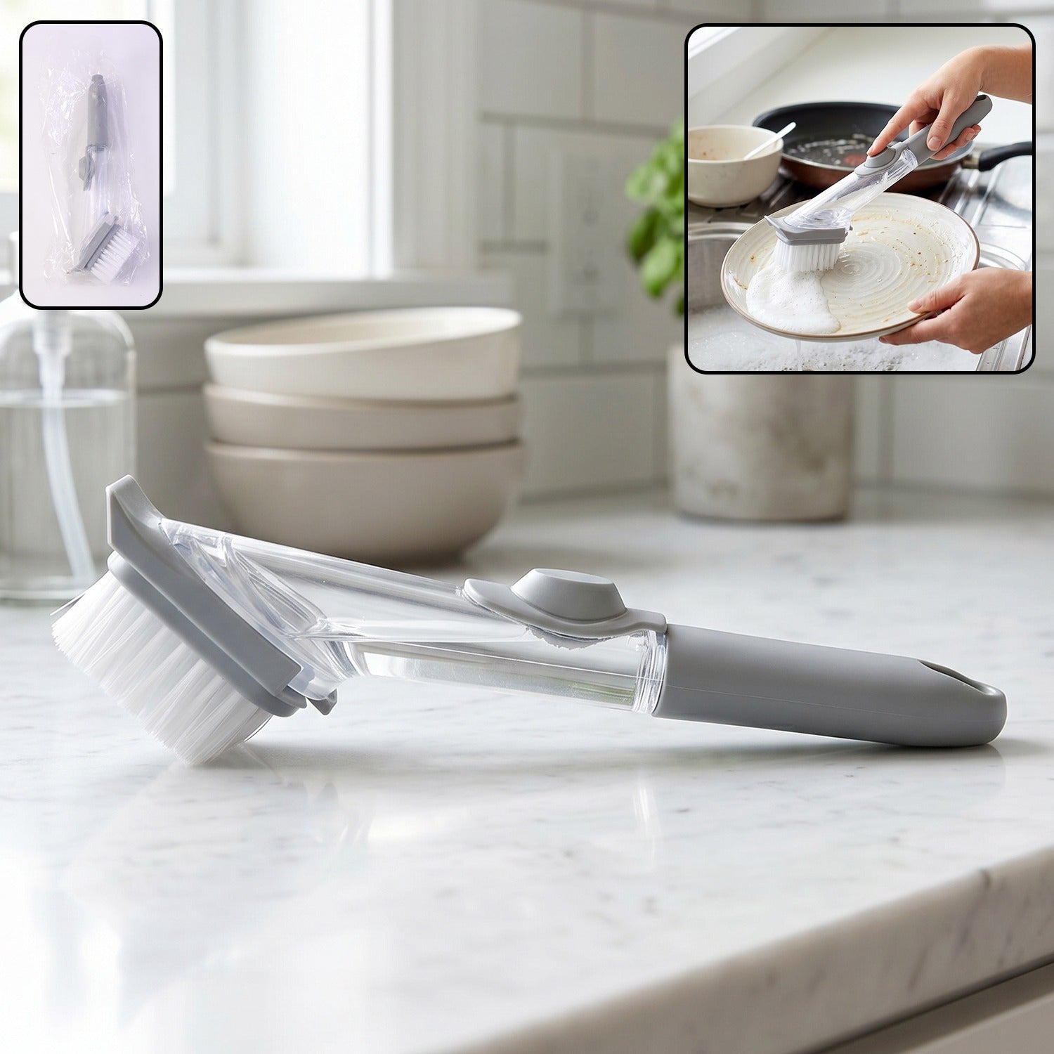 Refillable soap dispensing dish scrub brush with sturdy bristles