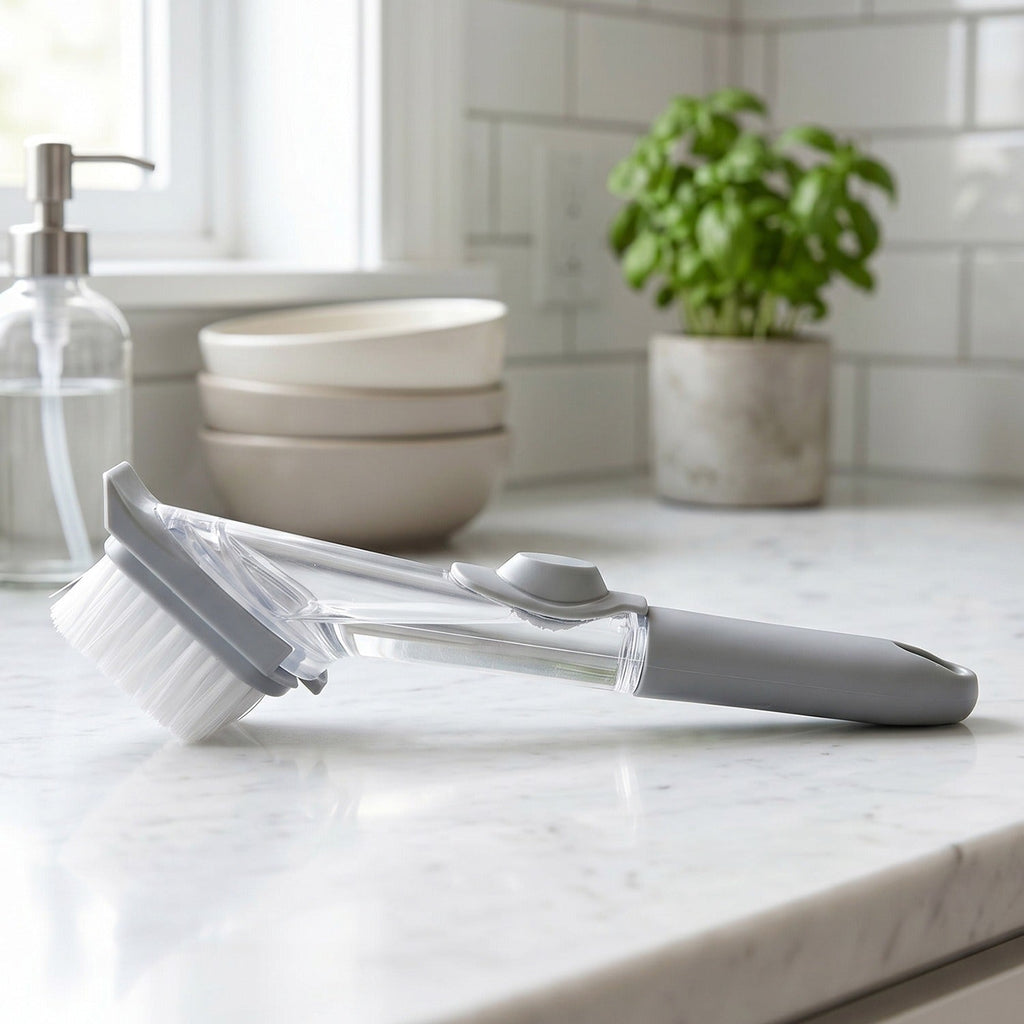 Close-up of soap dispensing mechanism on the dish scrub brush