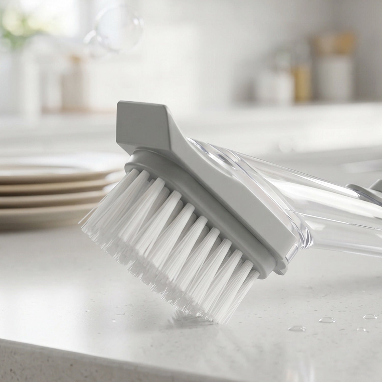 Close-up of tough bristles on dish scrub brush