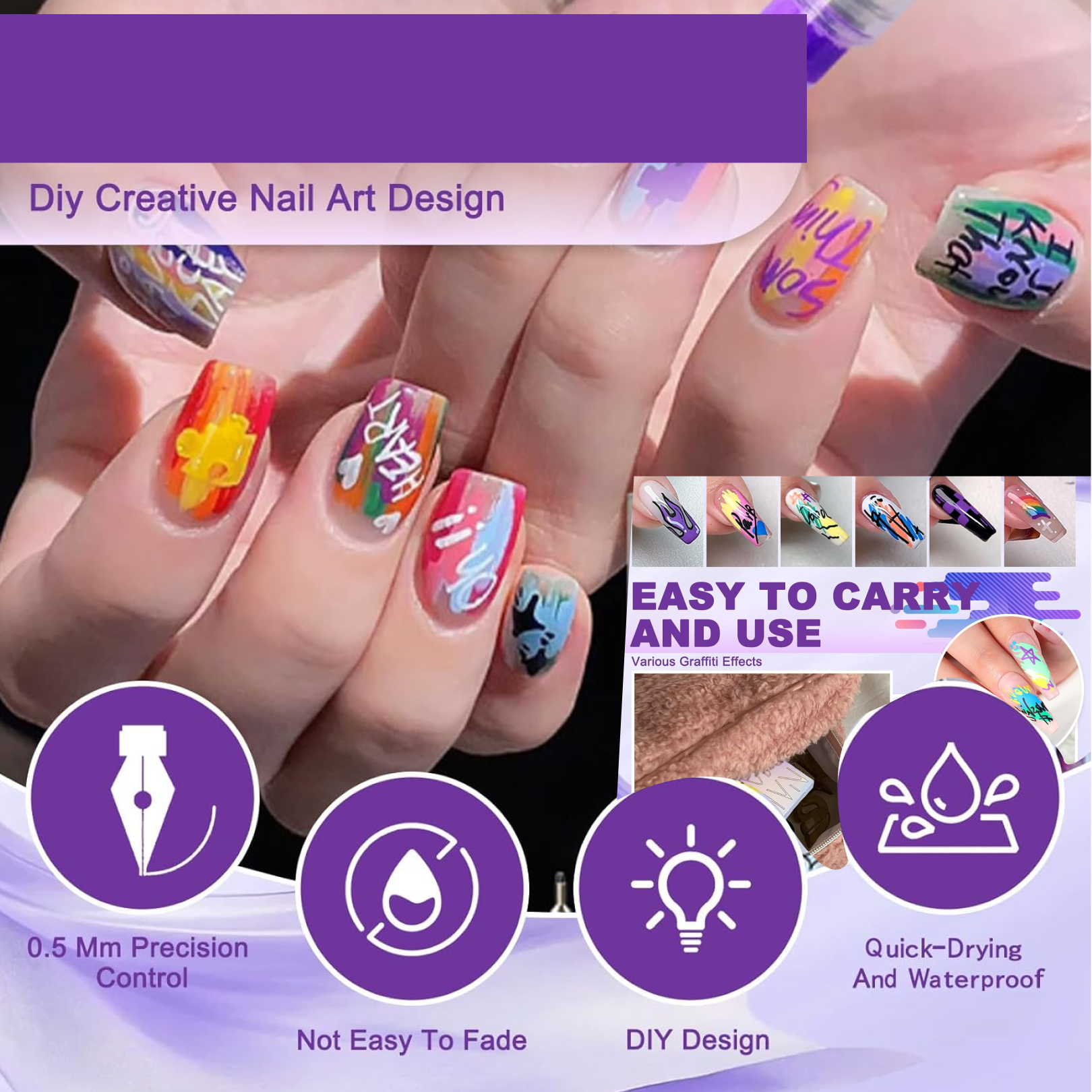 Scale reference showing the compact size of the 5-piece nail art pen set.