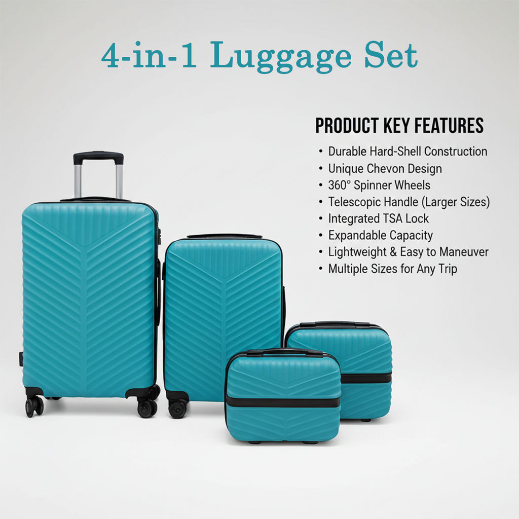 Sleek dark-colored 4-in-1 hard shell trolley luggage set with impact-resistant surface