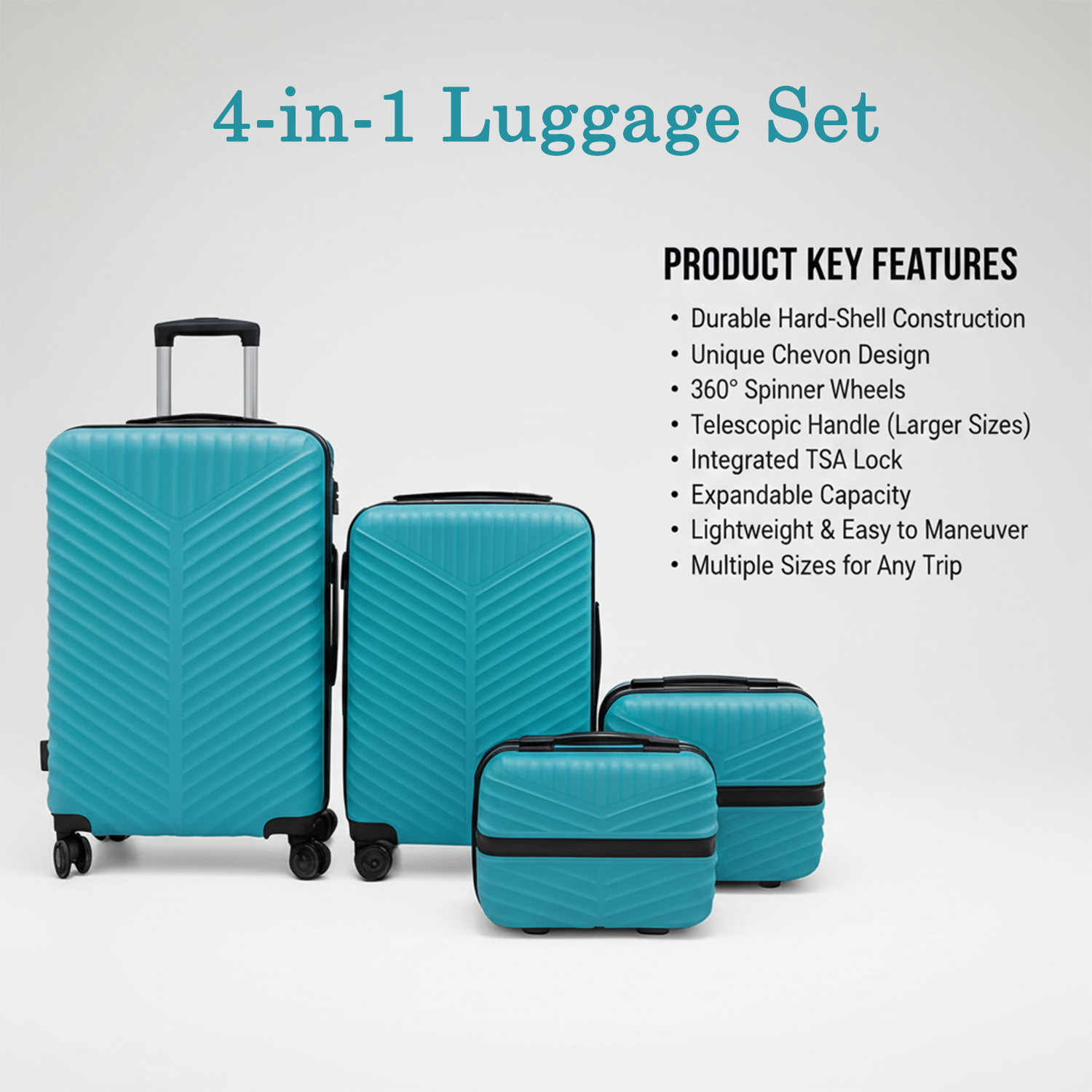 Sleek dark-colored 4-in-1 hard shell trolley luggage set with impact-resistant surface
