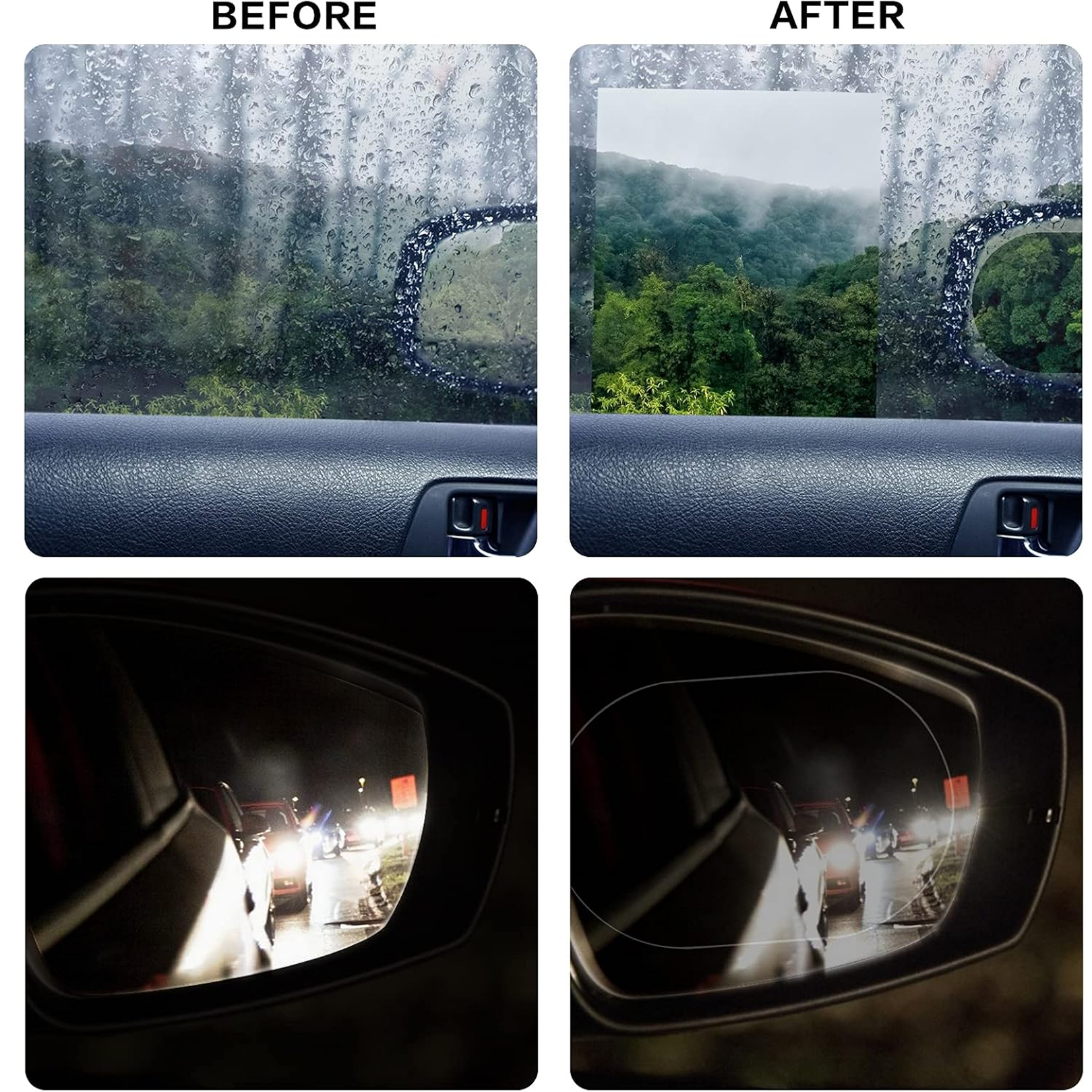 Visual representation of how the anti fog film prevents mist and glare on a car's side mirror.