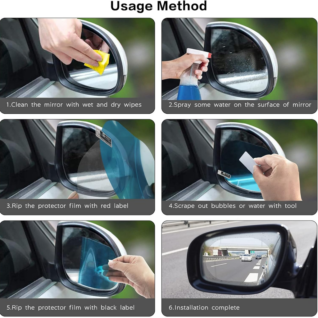A driver's clear view through a side mirror protected by the car mirror anti fog film.