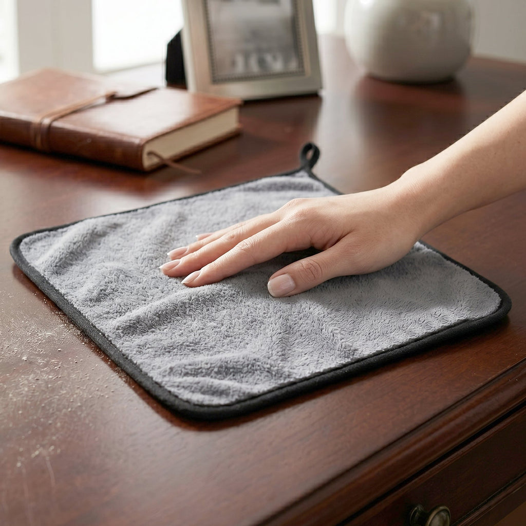 Purple microfiber cleaning cloth wiping surface