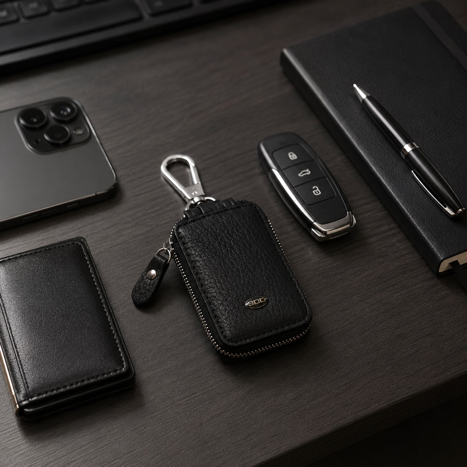 Black PU leather car key case with zipper and metal clip hook.
