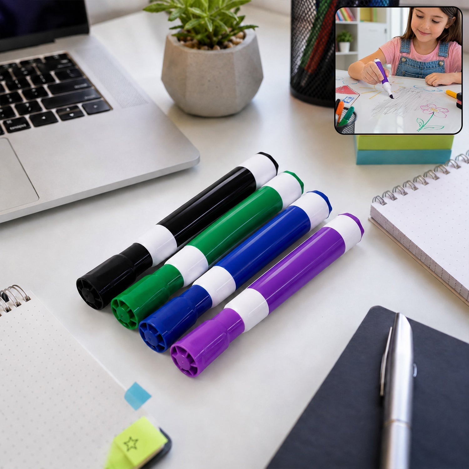 Single dry erase marker suitable for office, school, or home environments.