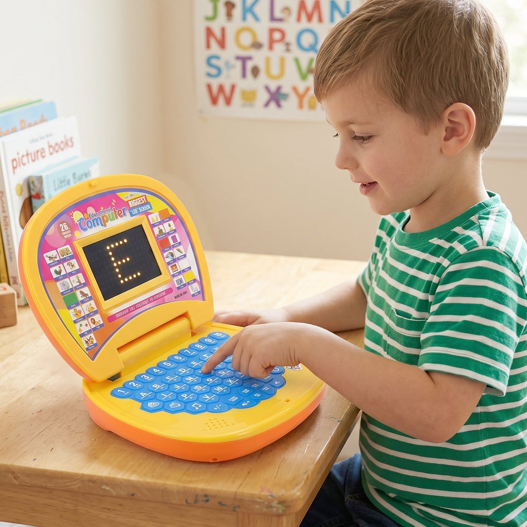 Child playing with educational laptop toy