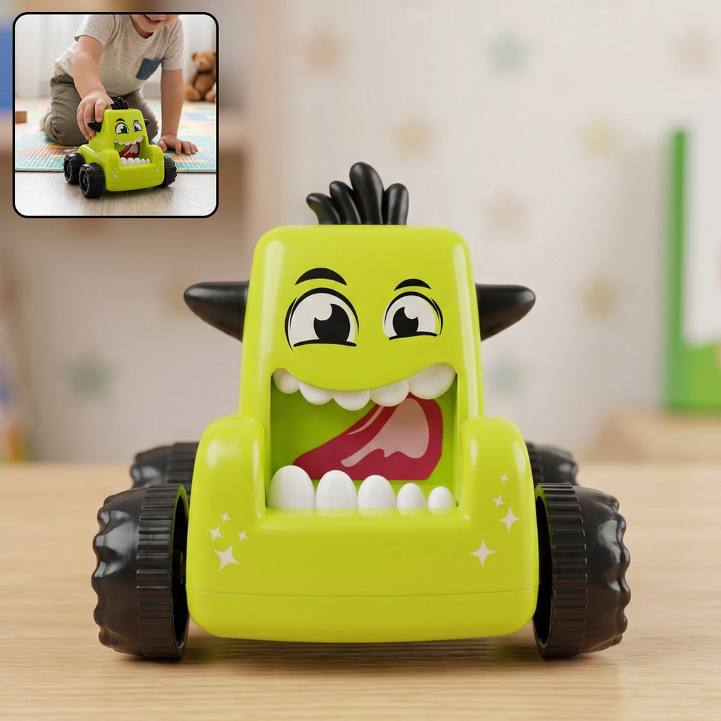 Vibrant cartoon monster push back car toy for children's playtime.
