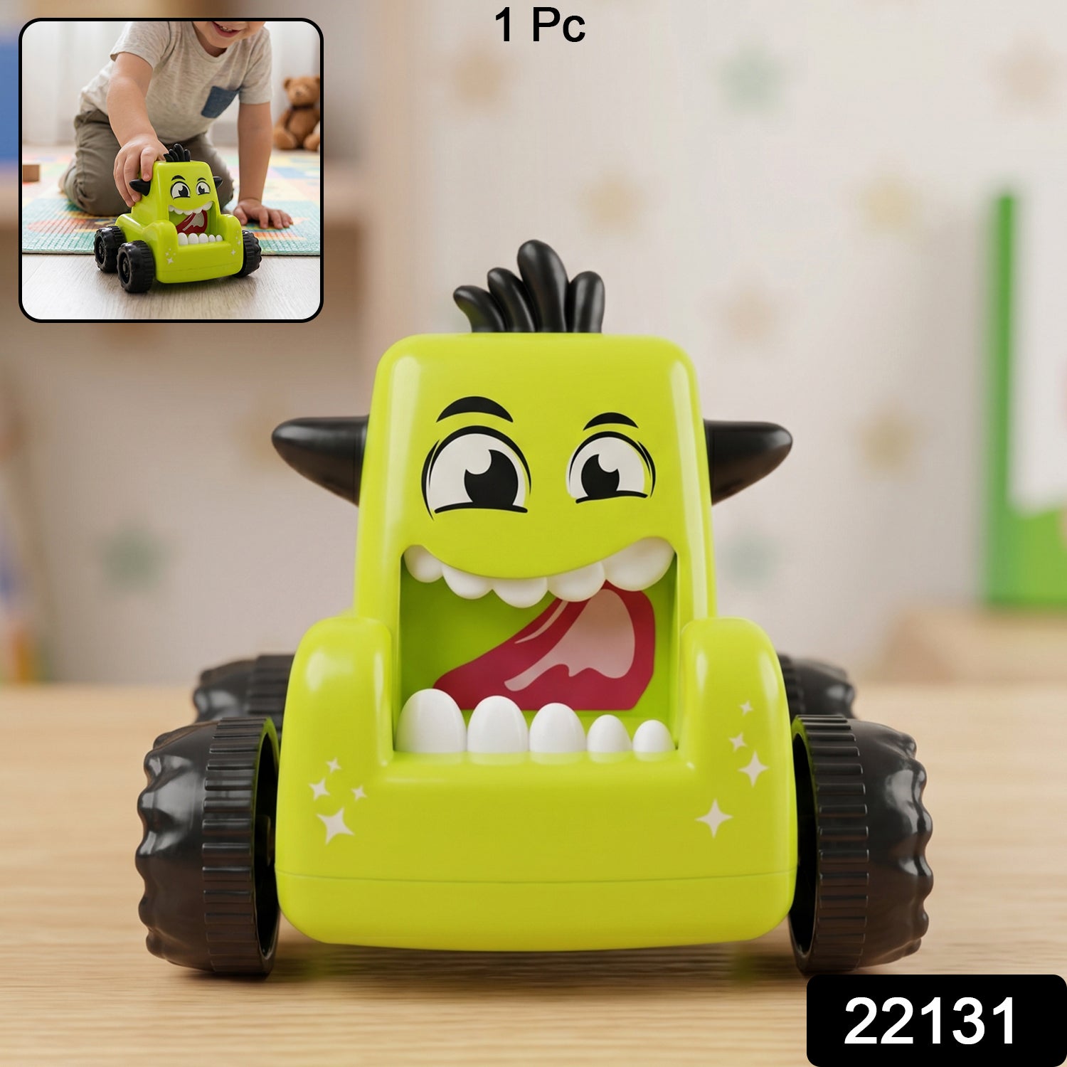 Assorted cartoon monster push back car toys in their colourful packaging.