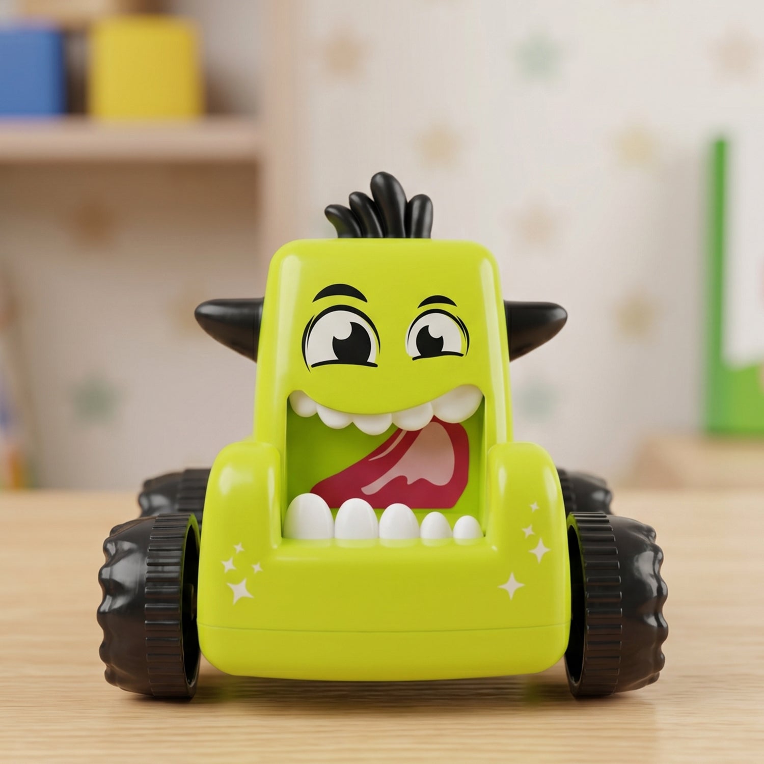 Collection of colourful cartoon monster push back car toys for kids.
