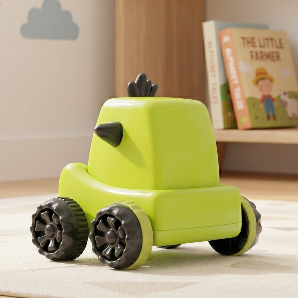Friction powered cartoon monster push back car toy in action.