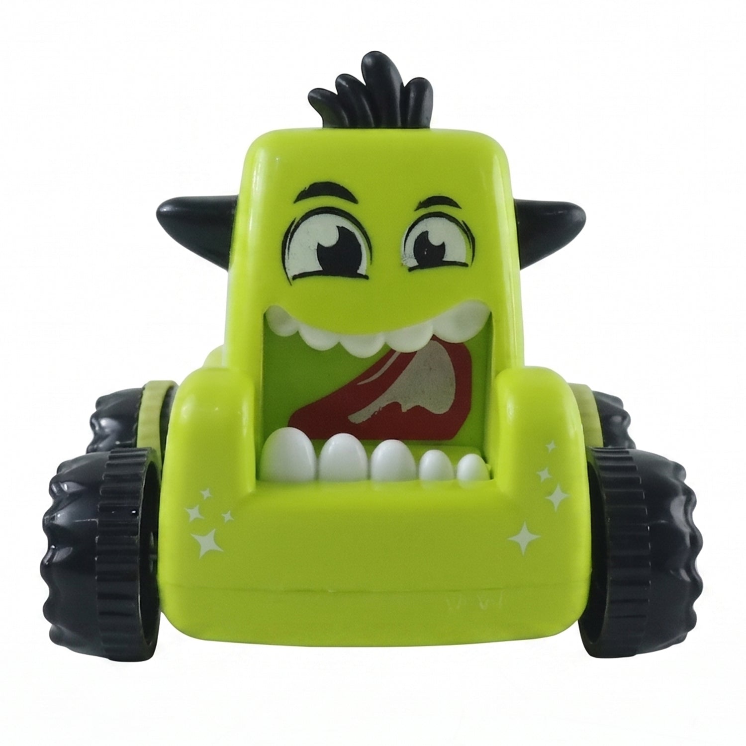 Bright yellow cartoon monster mini car toy displayed on a clean white background.