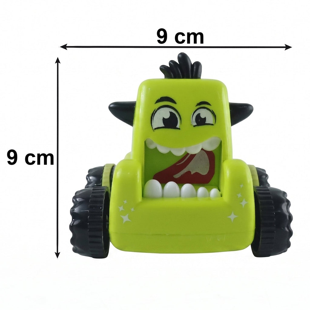 Cartoon monster car toy shown with a measurement scale for size reference.