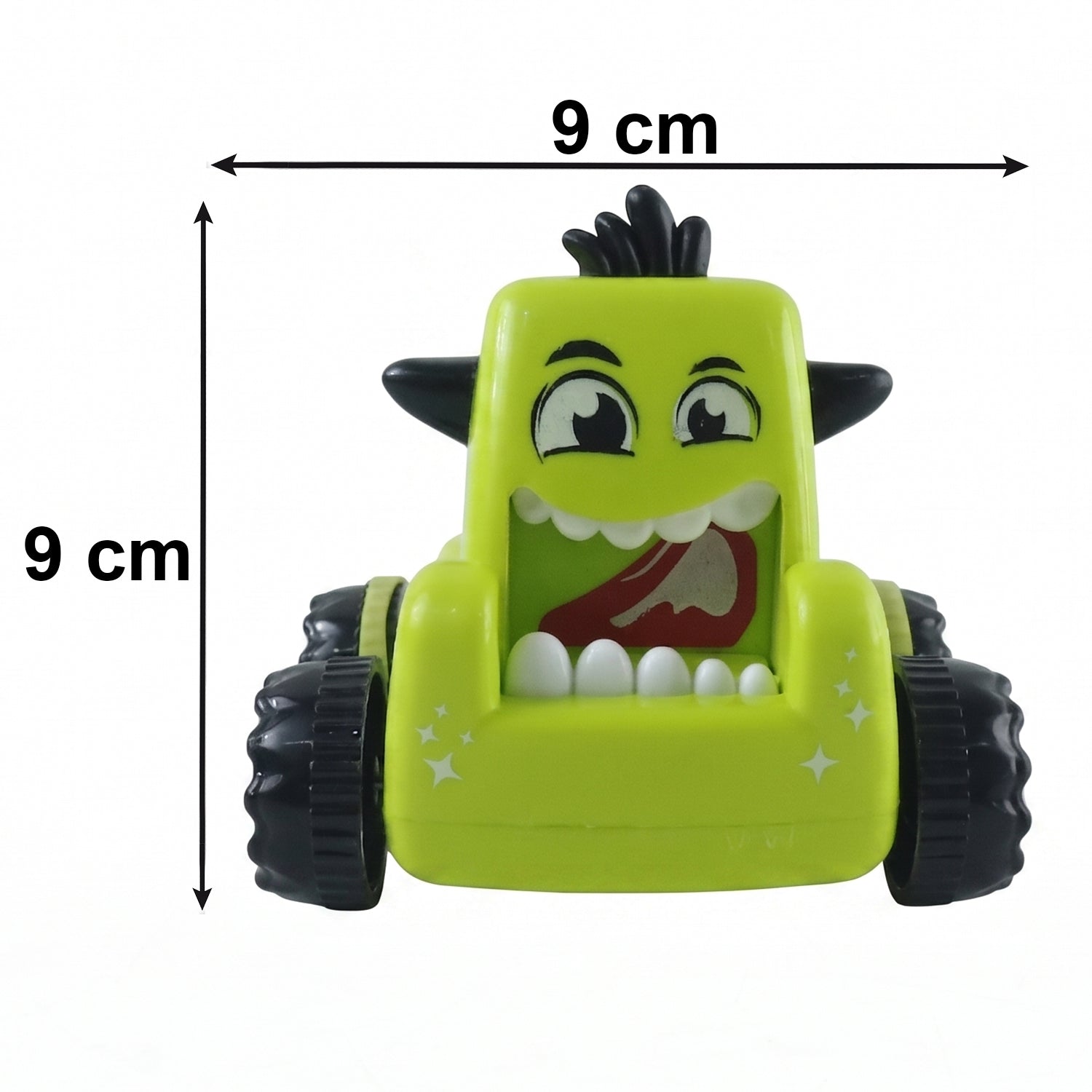 Cartoon monster car toy shown with a measurement scale for size reference.