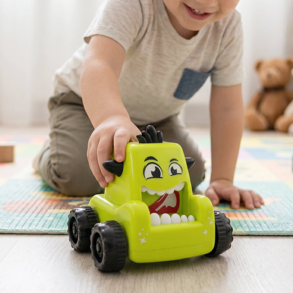 Young child playing with a red cartoon monster push back car toy indoors.
