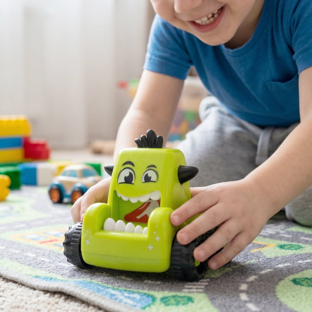 Child pushing a blue friction powered cartoon monster car toy on a smooth floor.
