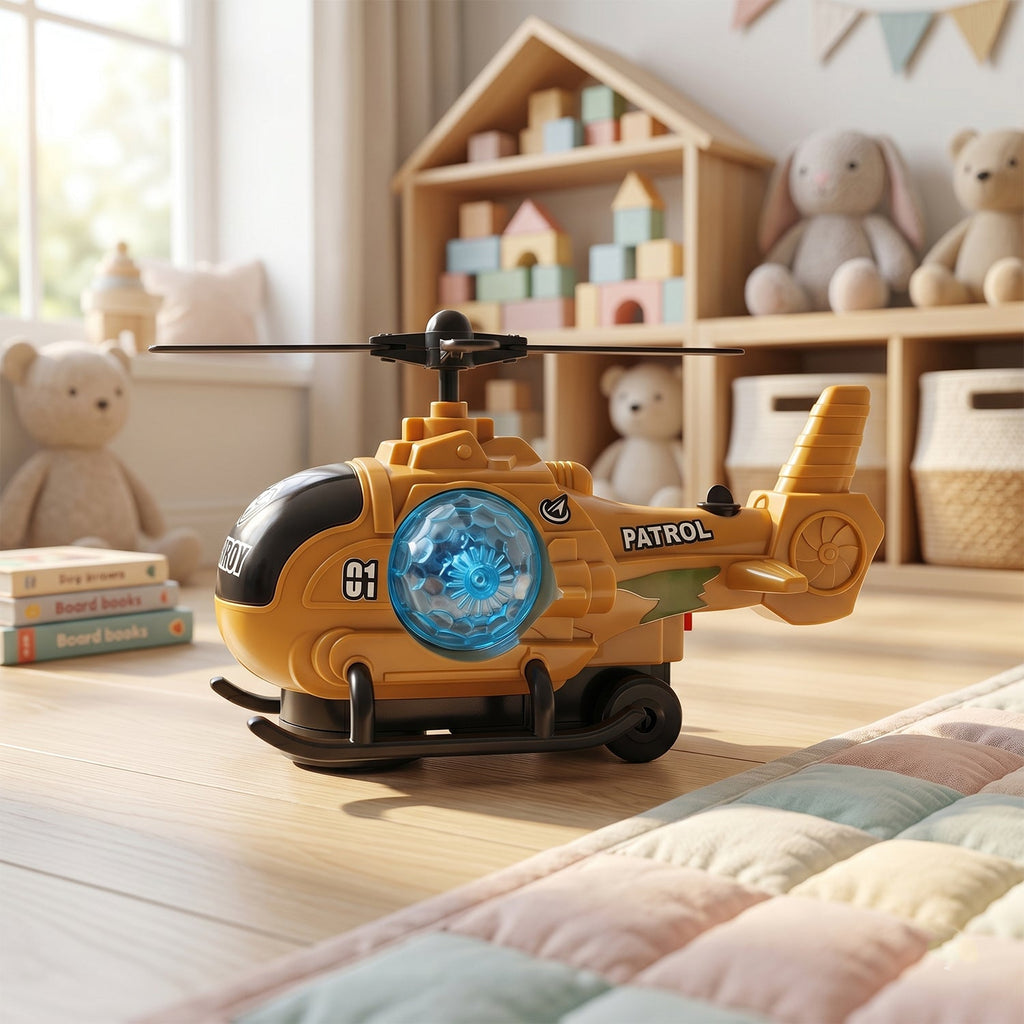 Military helicopter toy with lights, music, and mist spray