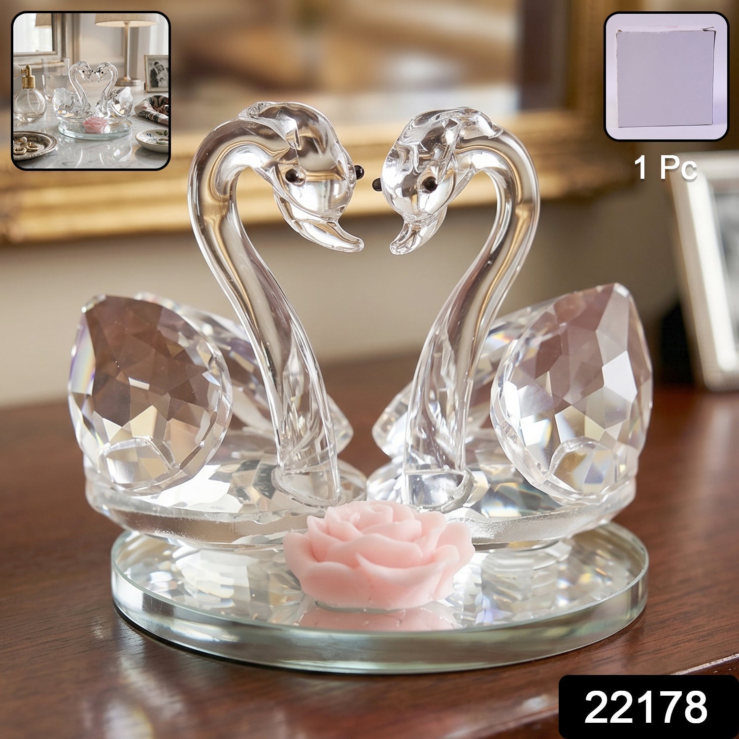 Beautiful crystal swan showpiece with mirror base for home display