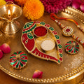 Leaf shaped kumkum holder with twin compartments and enamel work