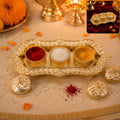 Golden Triveni Kankavati with three compartments for kumkum, roli, and chawal.
