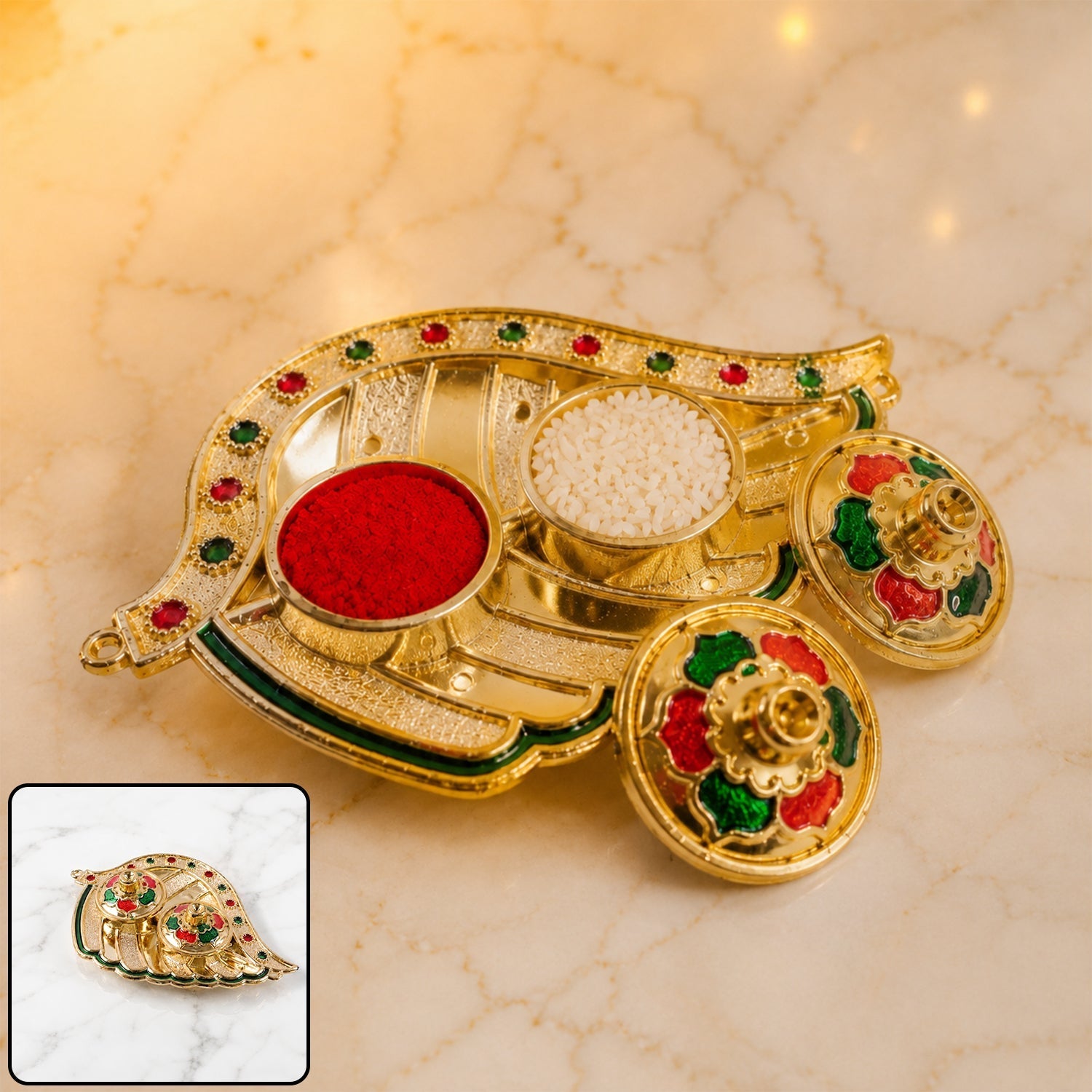 Mango-shaped kumkum holder with twin compartments and jewel-work