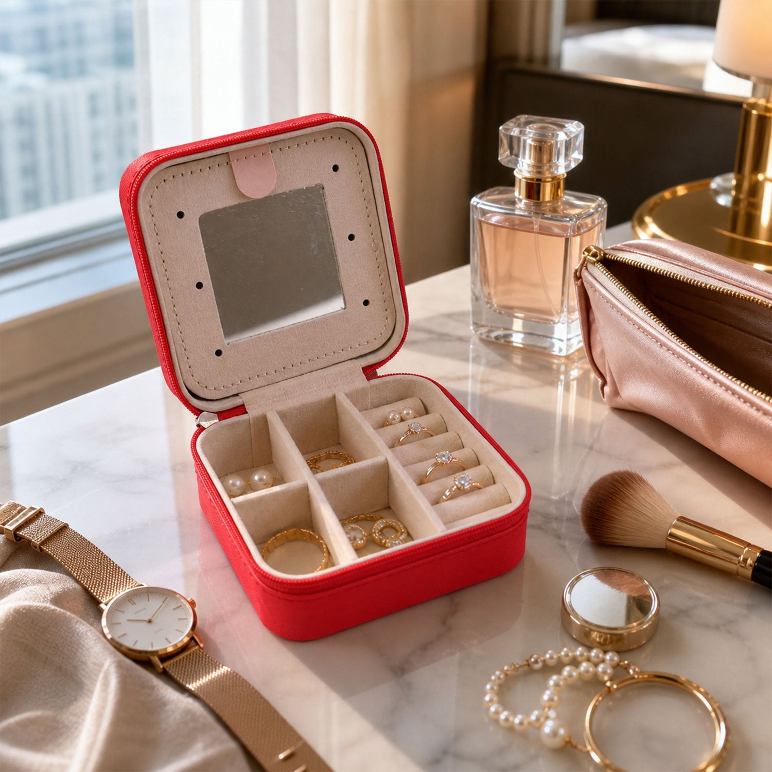 Mini jewelry organizer box with mirror and compartments