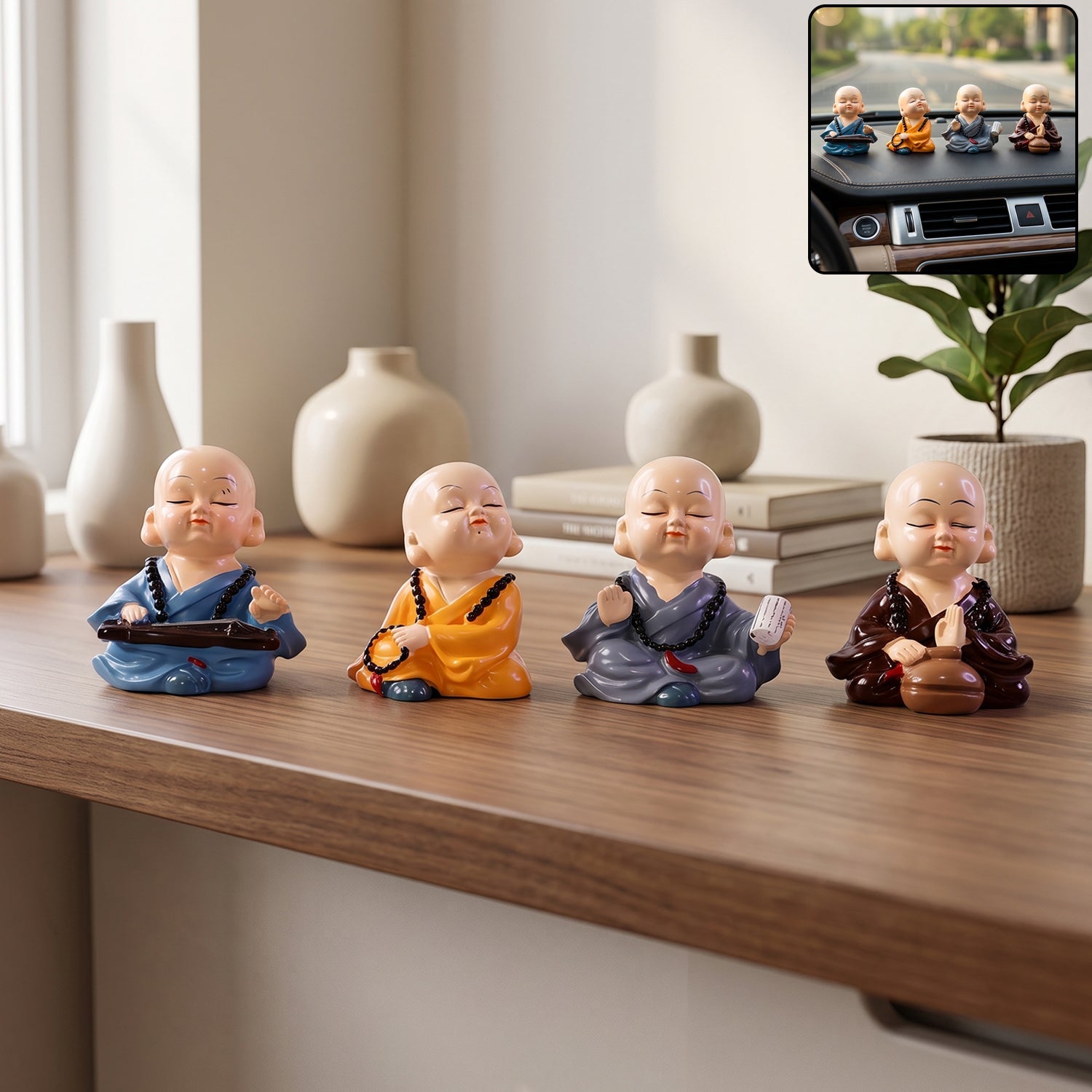 Little monk Buddha statue set of 4 for car dashboard decor