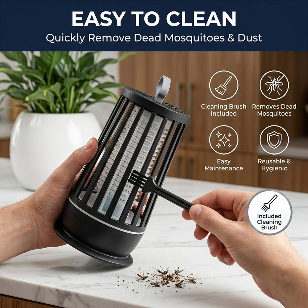 Infographic detailing key features of the electric shock mosquito killer.