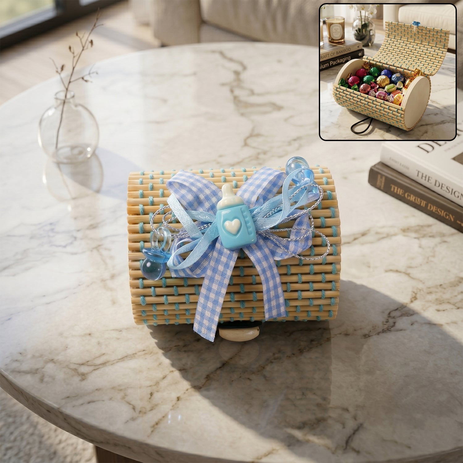 Handwoven mini bamboo gift box with a decorative ribbon bow and hinged lid