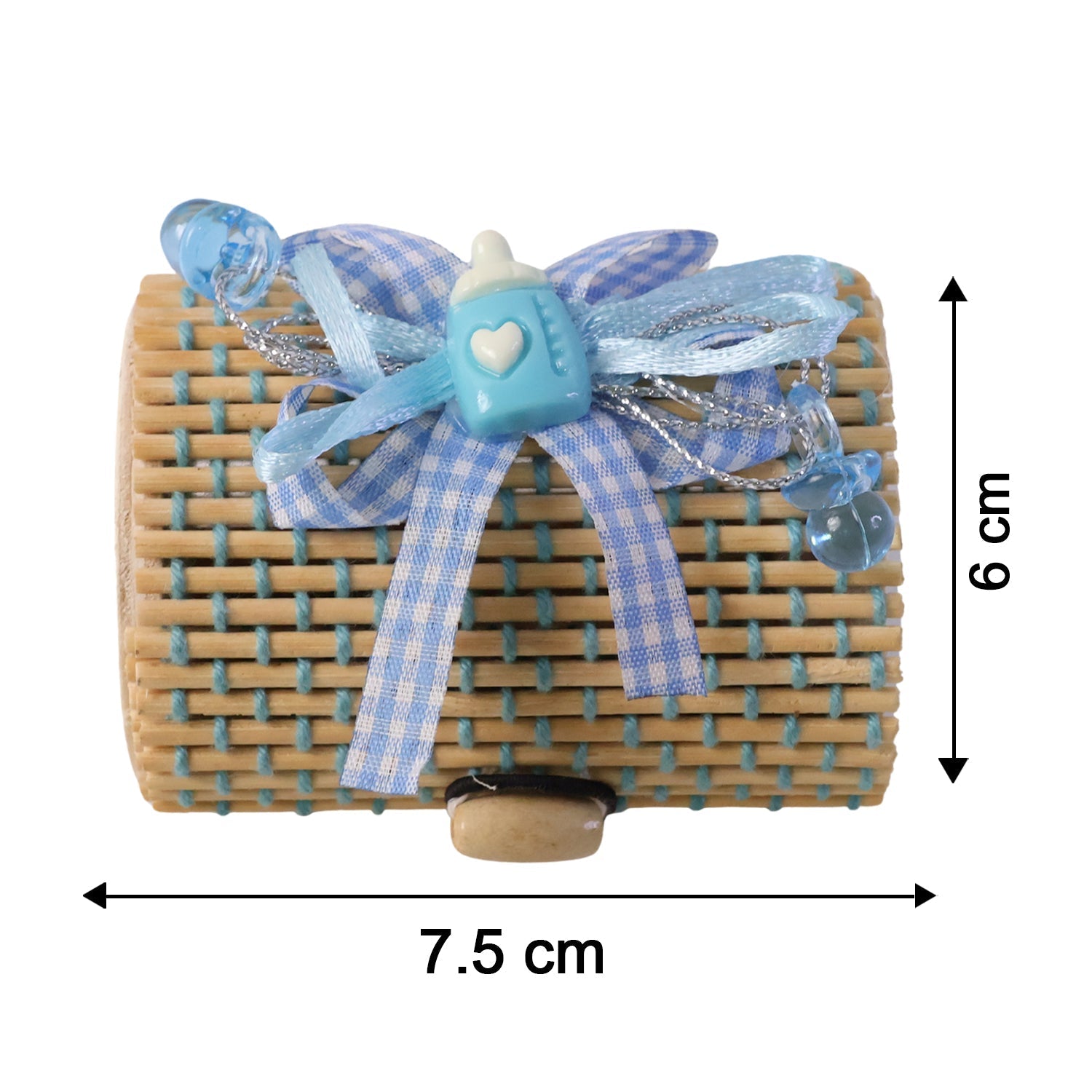 Mini bamboo gift box with illustrated dimensions on a white background