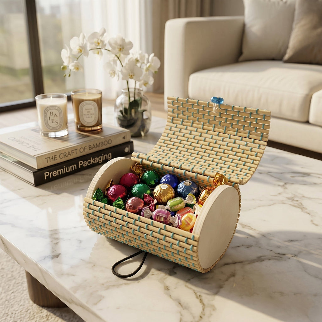 Mini bamboo gift box brimming with colourful candies and delightful treats
