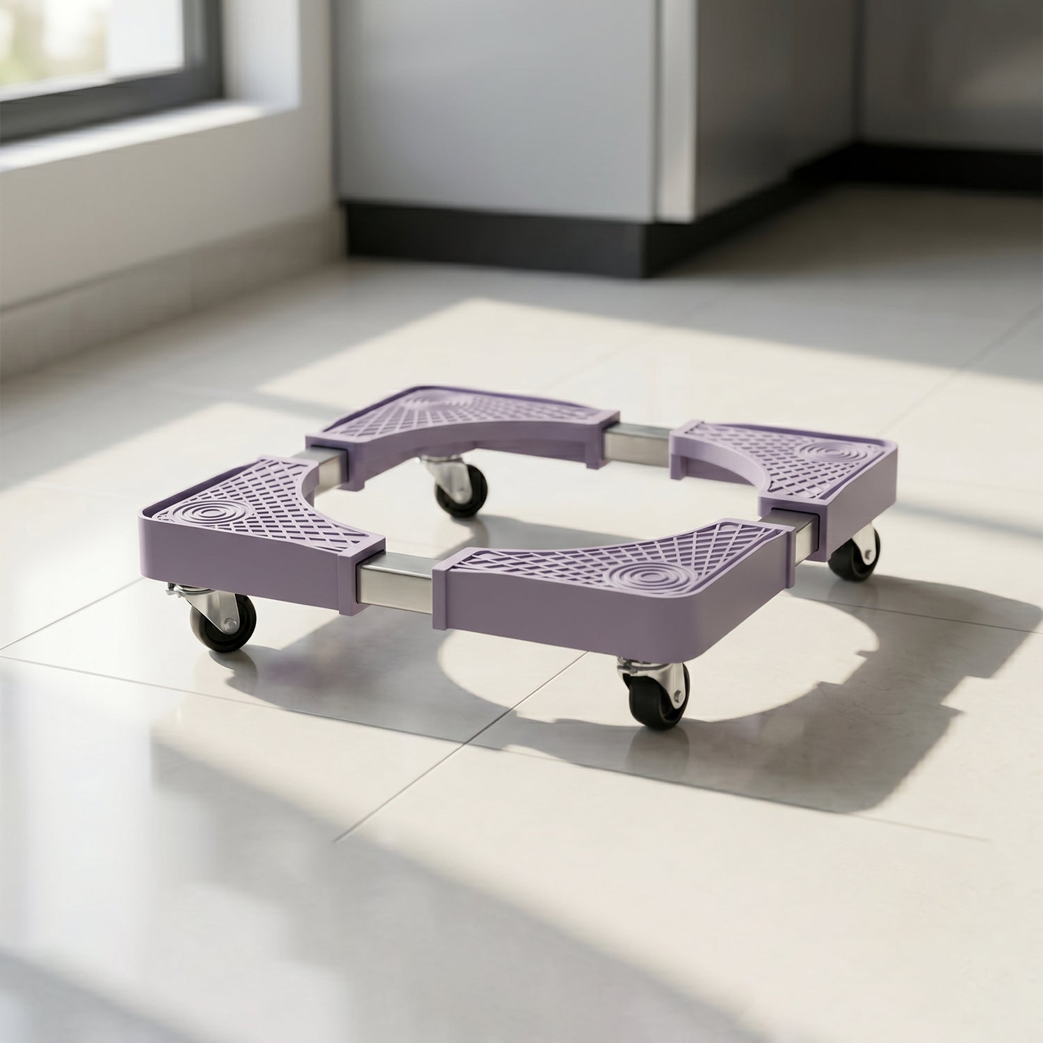 Stand under refrigerator demonstrating adjustable size