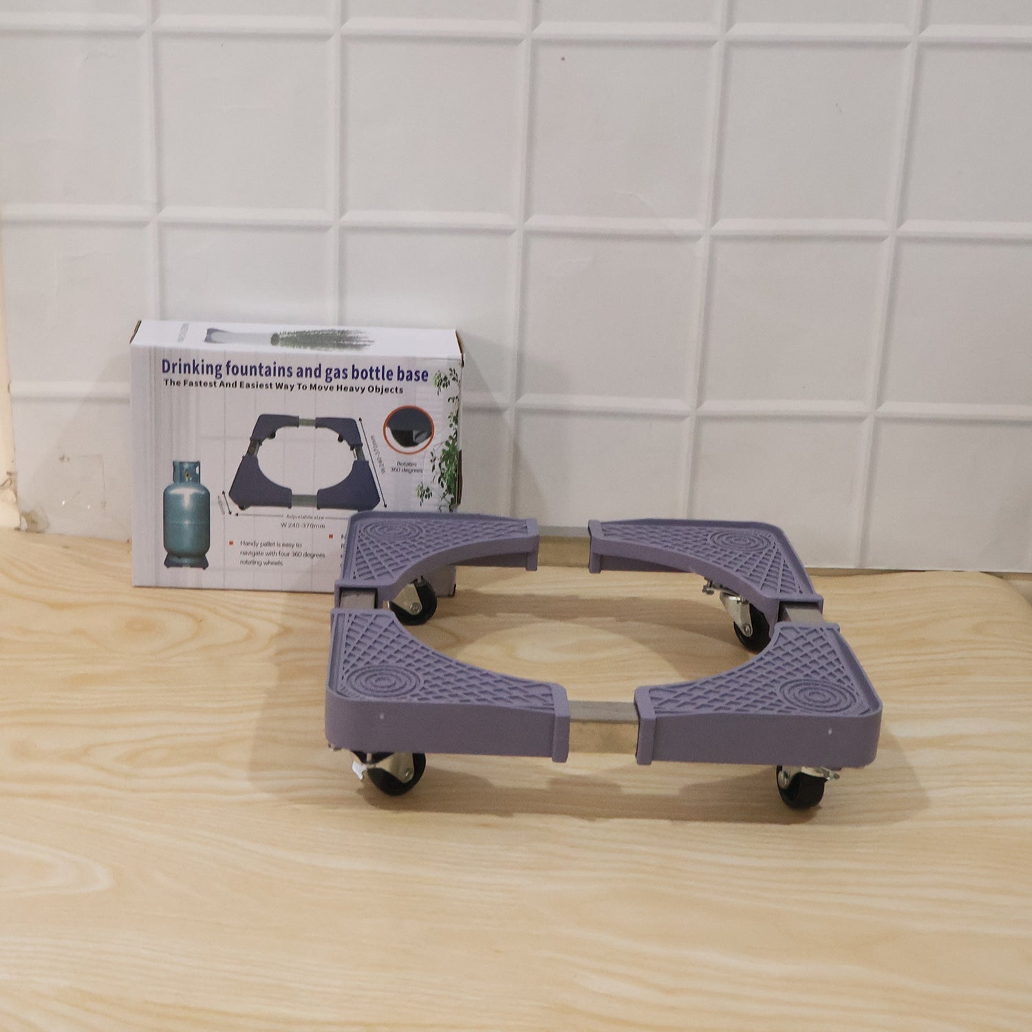 Washing machine on adjustable stand in laundry room