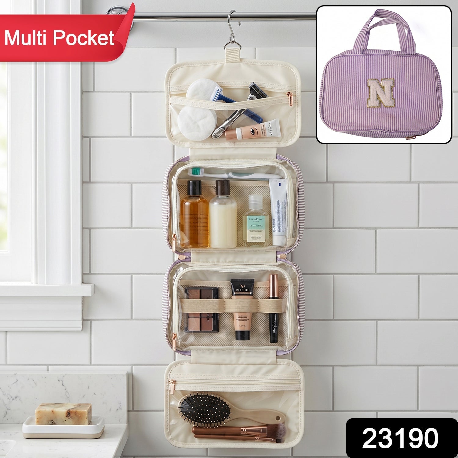 Open travel organizer bag with toiletries and multiple pockets