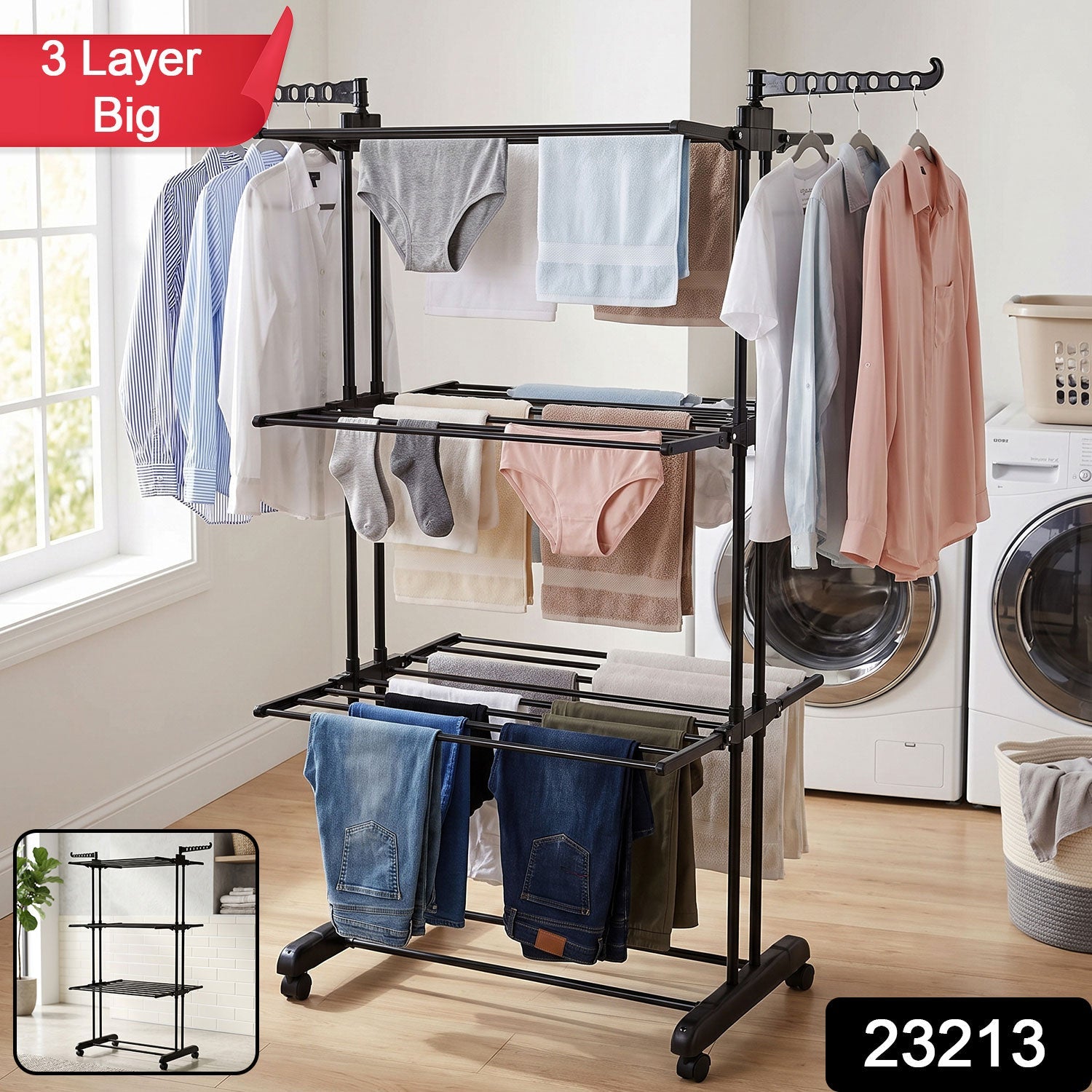 Three layer cloth drying stand with smooth rolling wheels.