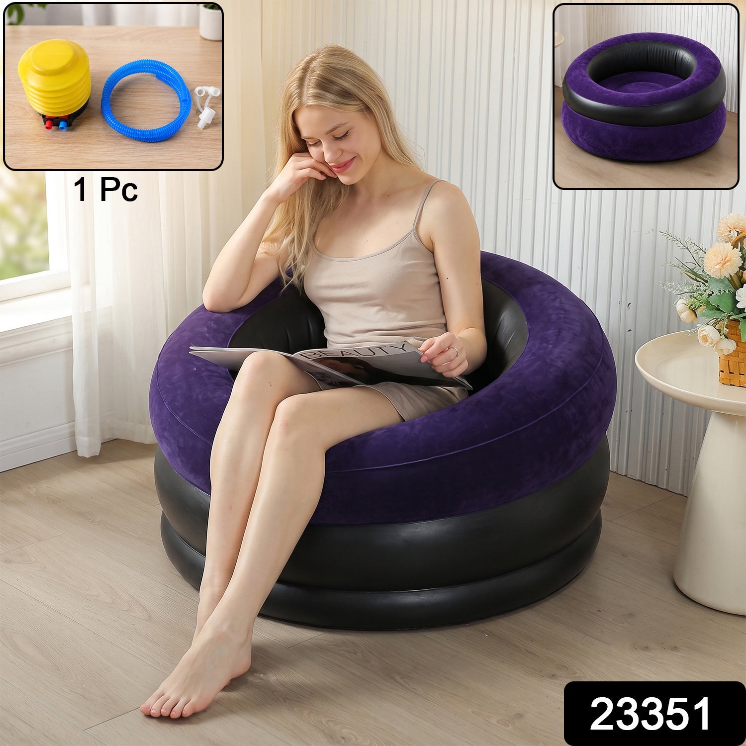 Air sofa bed inflated and set up as a lounge chair