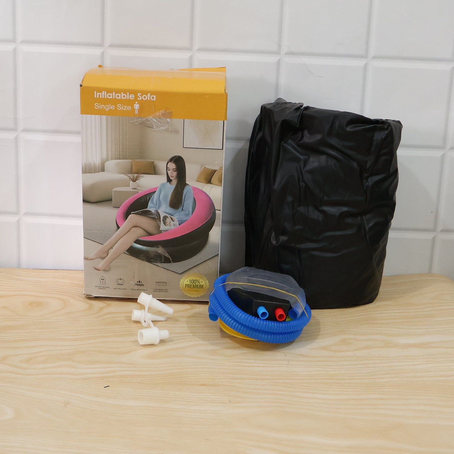 Live photo of inflatable sofa bed with foot pump