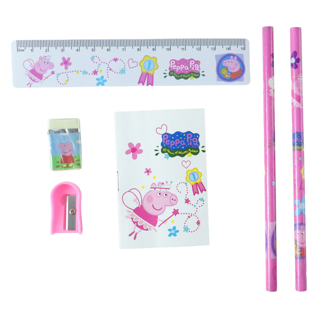 Six piece school stationery set on white background