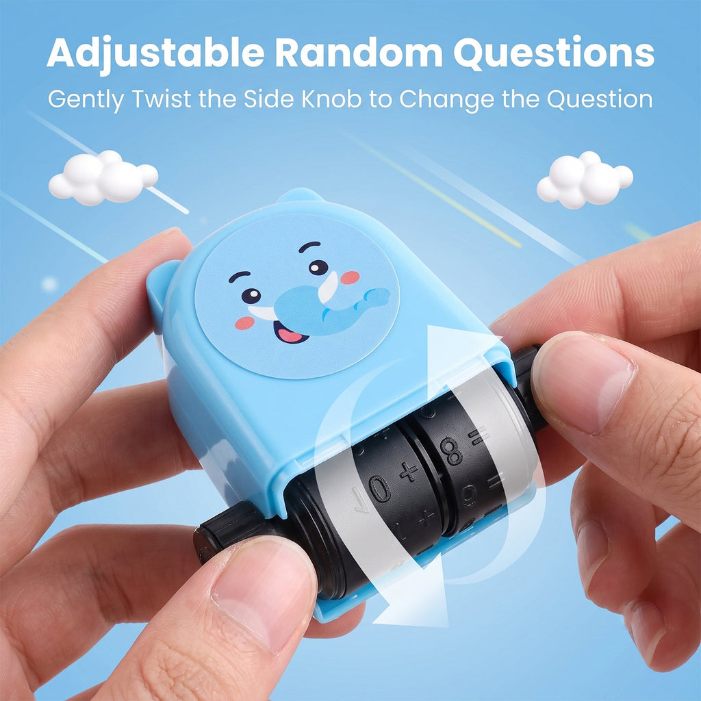 Adjustable multiplication question roller stamp side controls