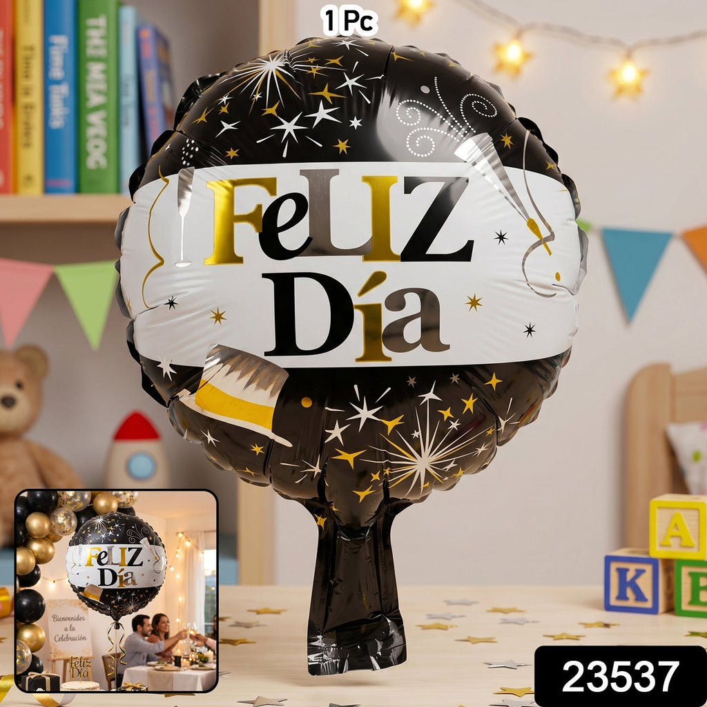 Round black and gold 'Feliz Dia' foil balloon for parties