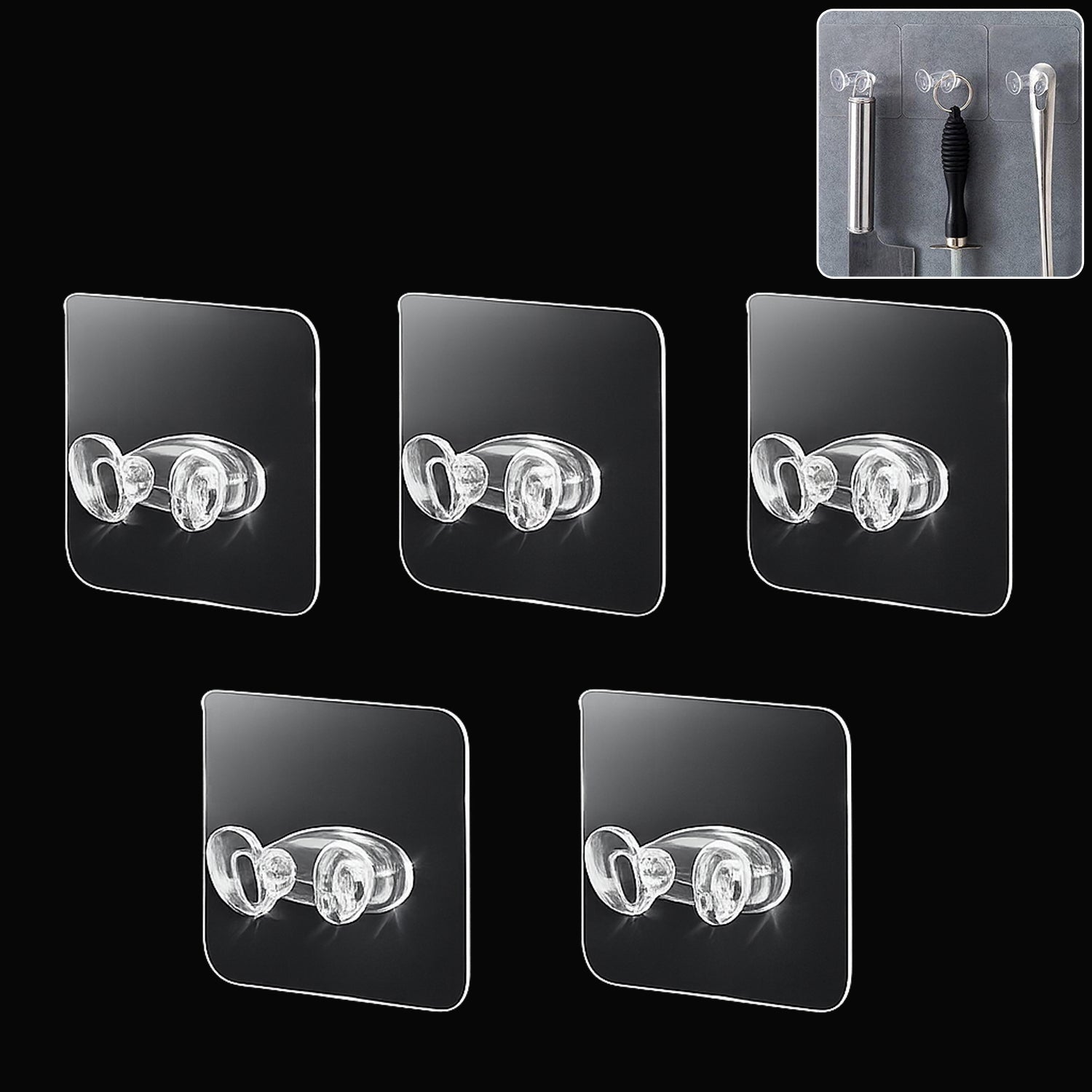 Set of five durable adhesive plastic wall hooks for home organization