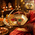 Golden Kumkum Kankavati basket with handle and meenakari floral artwork