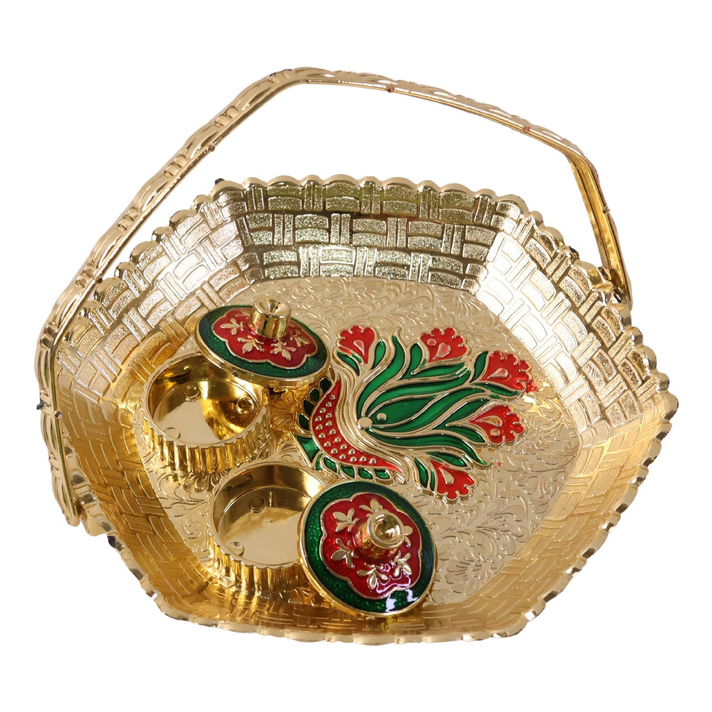 Golden meenakari kumkum basket with floral design