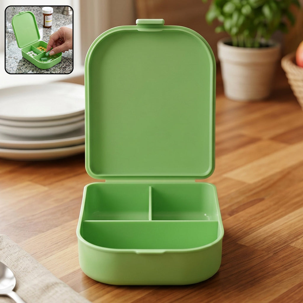 Compact medicine storage case with flip lid on a clean surface.