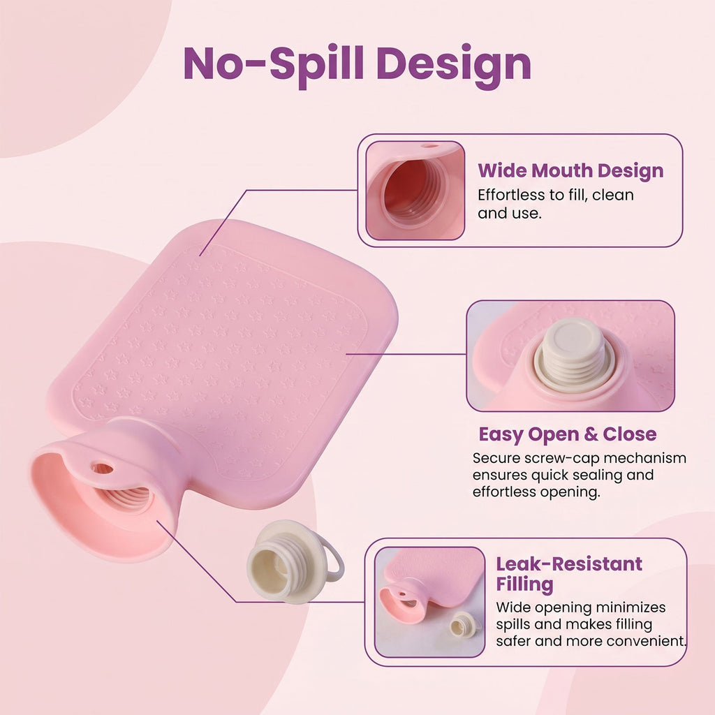 Hot water therapy bag wide mouth and secure screw cap features