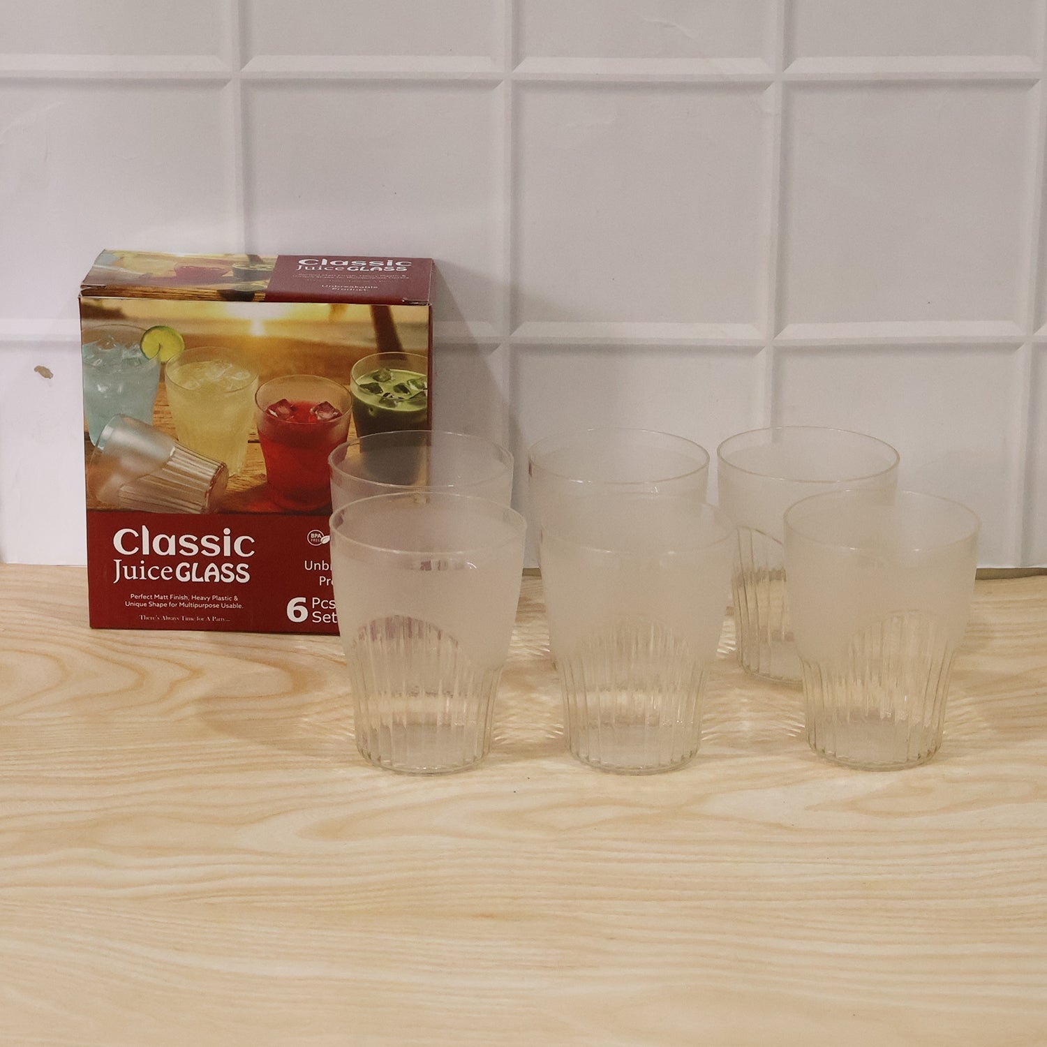 Set of 6 plastic juice glasses in a retail box for gifting