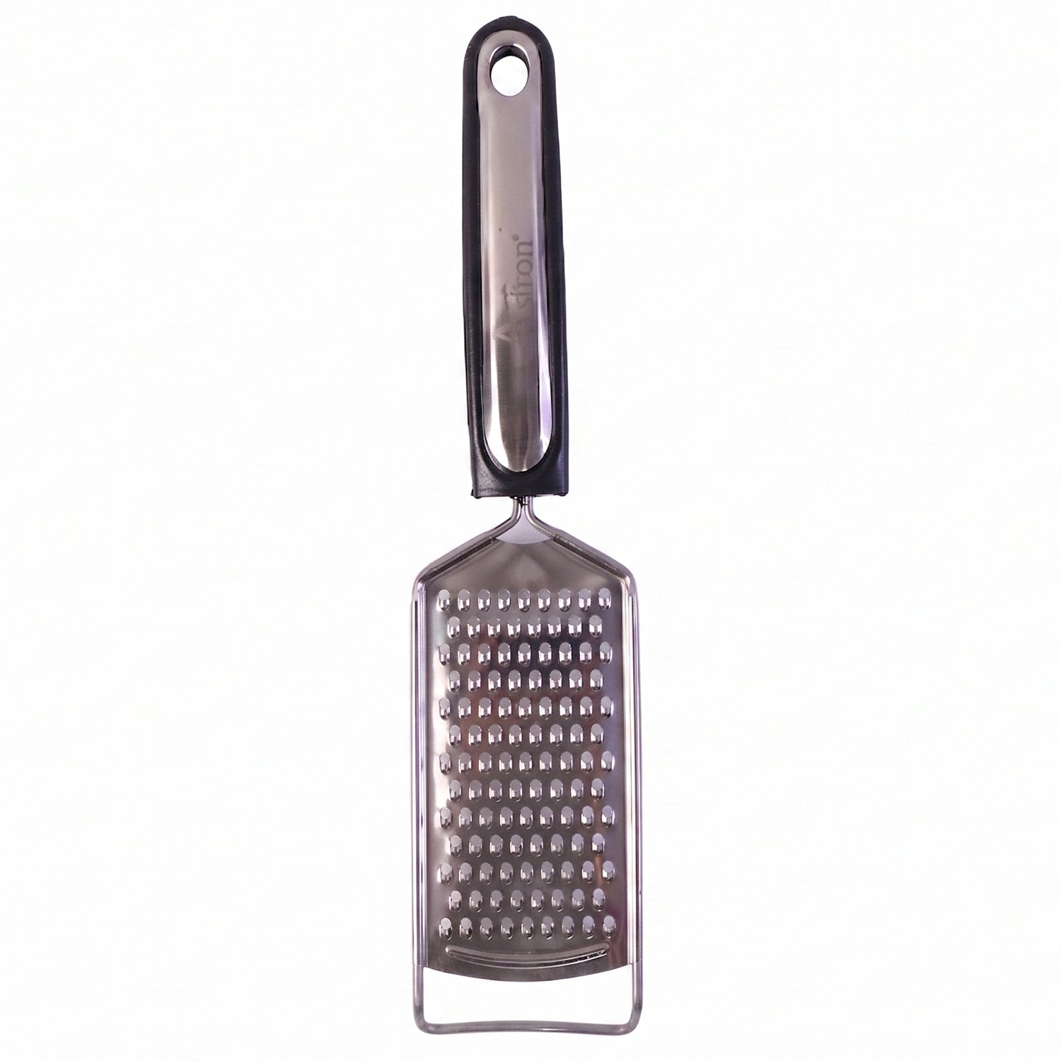 Slim stainless steel cheese grater on white background