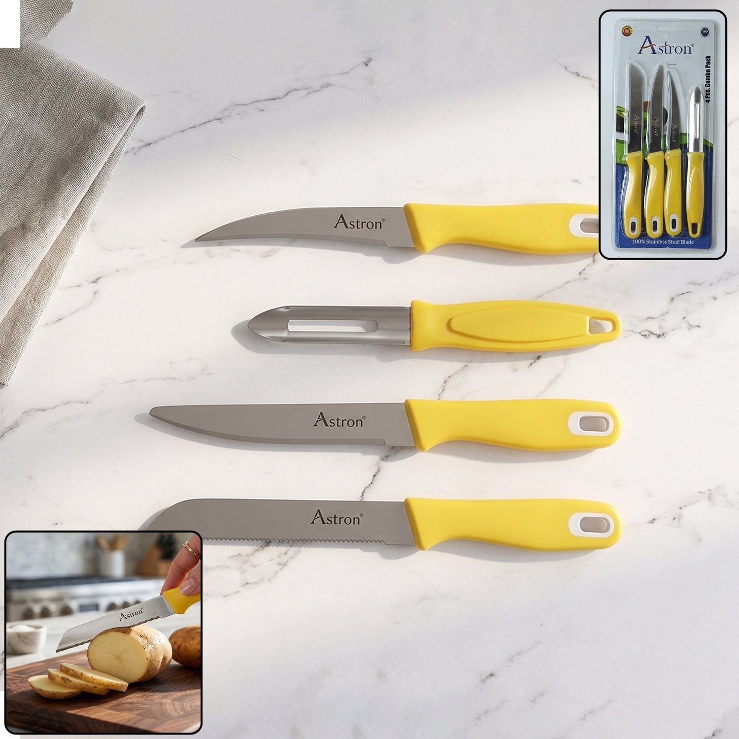 Stainless steel kitchen knife set with a peeler combo for versatile cooking tasks.