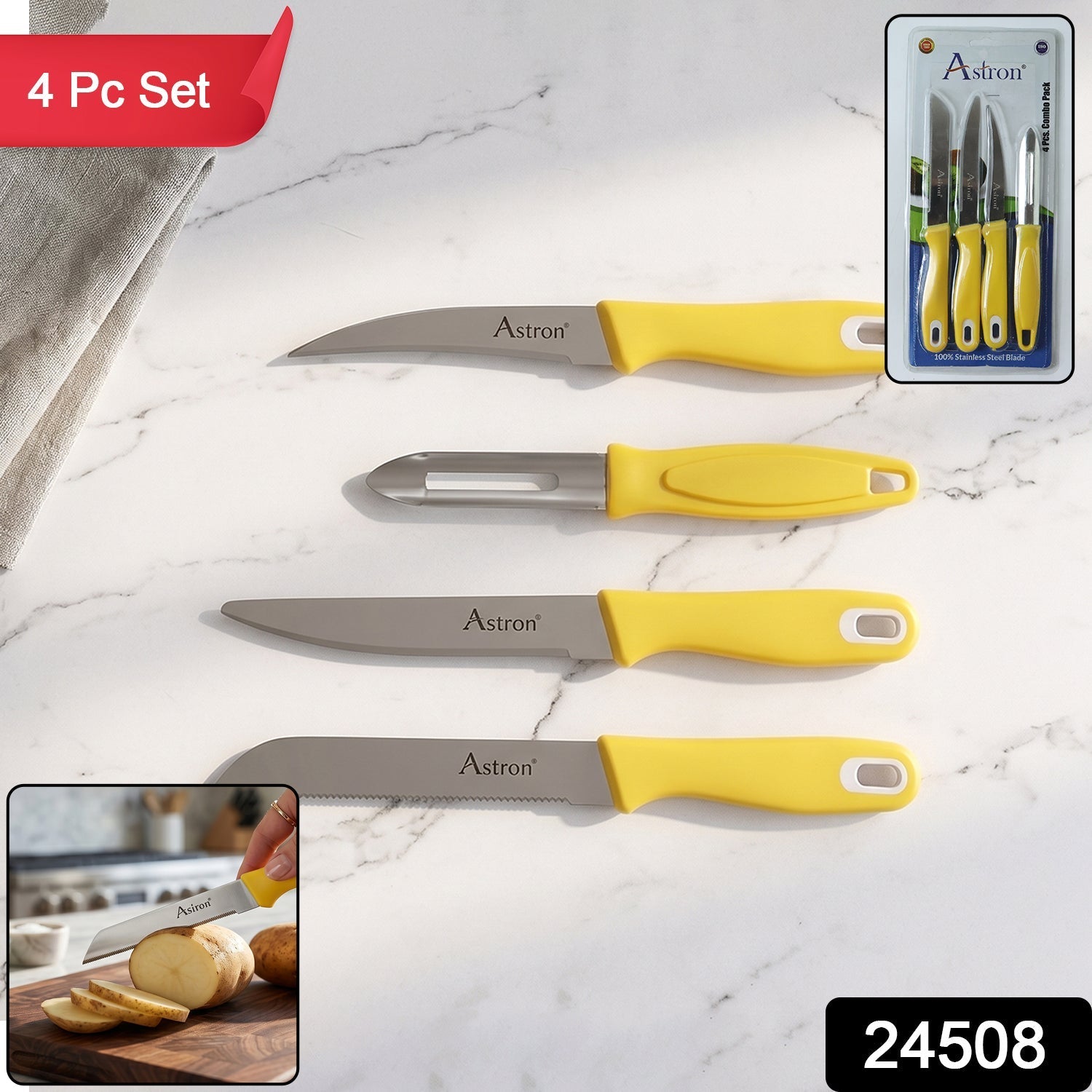 Assorted kitchen knife set featuring a peeler, serrated, straight, and curved blades.